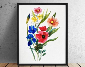 Personalized Gift Family Birth Flower Bouquet, Unique watercolor Birthday Gift Personalized Garden Print Birth Month Flower,  Grandma Garden