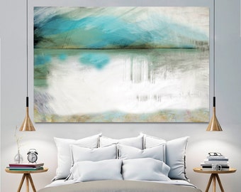 Oversize Abstract painting, PRINT on canvas, mint green, white, grey, neutrals, Gift for WIFE  livingroom, bedroom minimalist modern art
