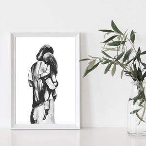 Los mejores regalos hechos a mano para el Día de la Madre, impresión de acuarela suelta de madre e hija, arte original, mamá sostiene a su hija, minimalista moderno en blanco y negro.