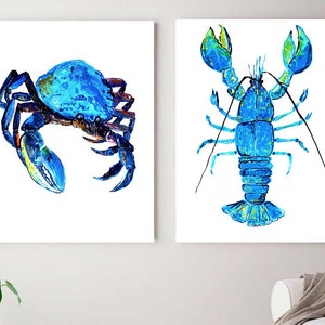 Crab lobster set of 2 prints, Nautical life, Lobster Print, original marine life illustrations, coastal wall artanimal, ocean  blue crab