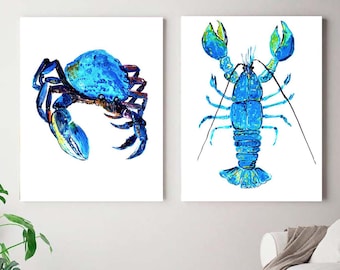 Crab lobster set of 2 prints, Nautical life, Lobster Print, original marine life illustrations, coastal wall artanimal, ocean  blue crab