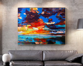 Purple orange blue cloudscape Coastal painting, beautiful sunset nautical painting, modern sunset reflections Seascape abstract, original