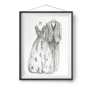 Wedding dress sketch, custom bride groom portrait, wedding party illustration, dress tuxedo illustration, couple portrait, image 8