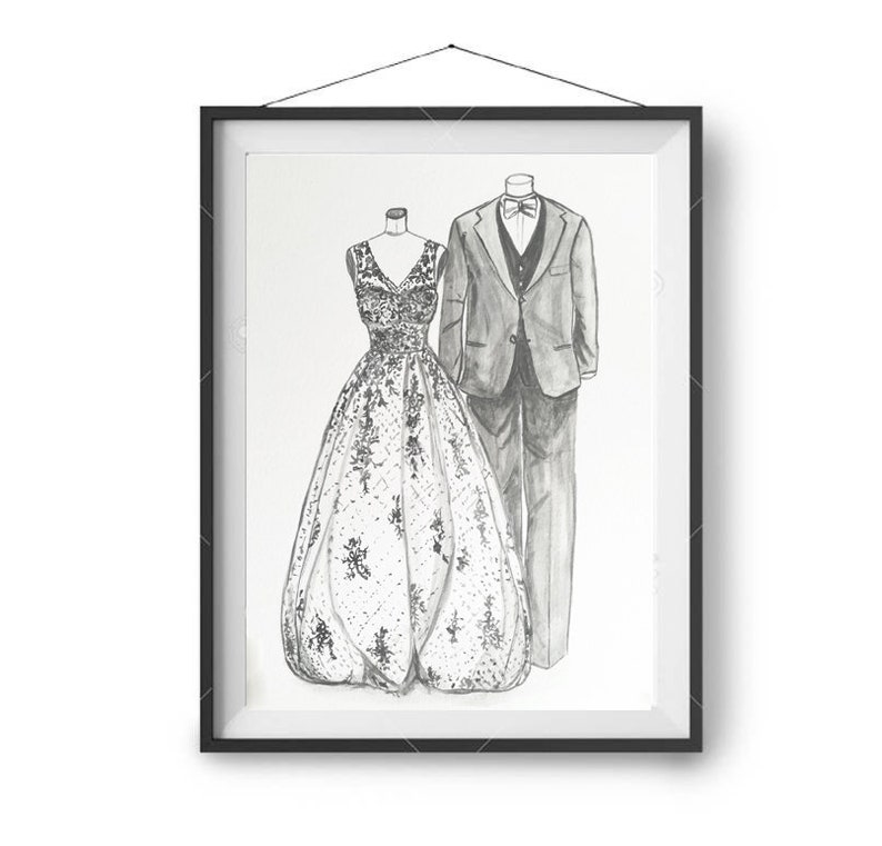 Wedding dress sketch, custom bride groom portrait, wedding party illustration, dress tuxedo illustration, couple portrait, image 8