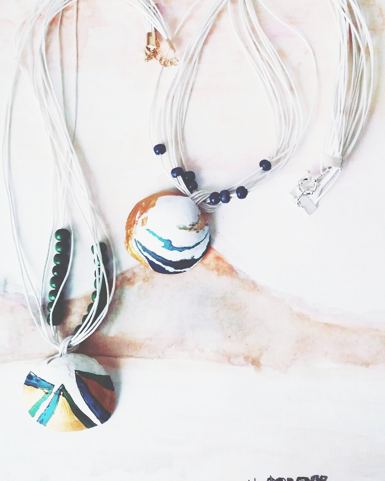 Sea organic seashell Mermaid hand painted pendant Painted sea shells necklace Summer Wedding Beach turquoise Ocean Nautical Pendant