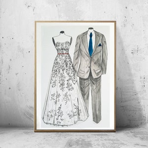 Wedding dress sketch, custom bride groom portrait, wedding party illustration, dress tuxedo illustration, couple portrait, image 6