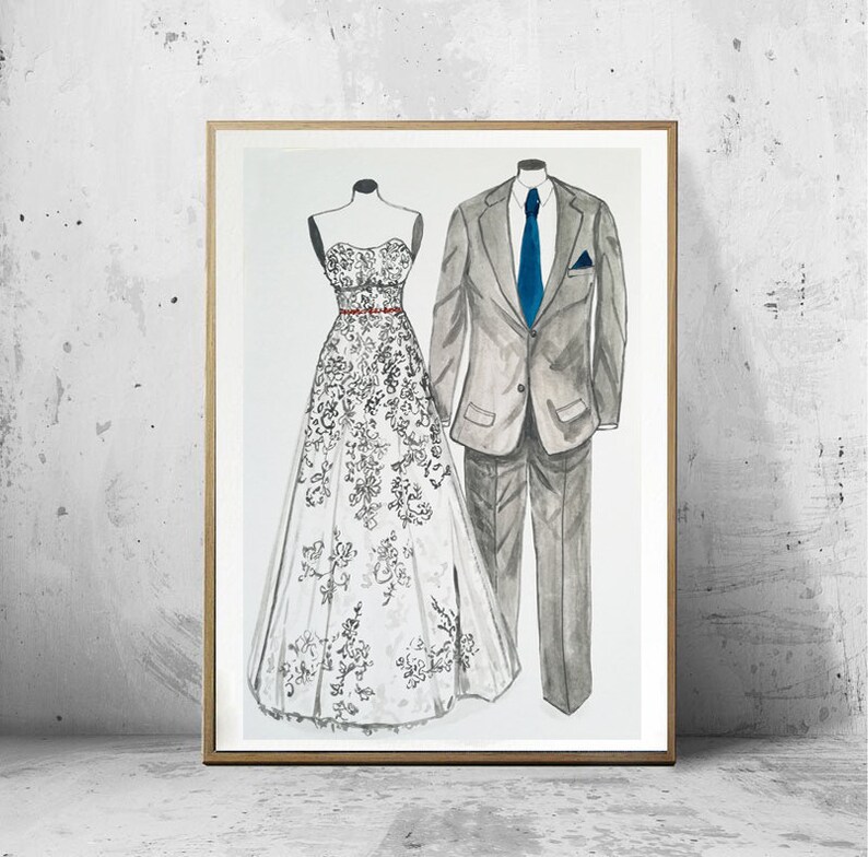 Wedding dress sketch, custom bride groom portrait, wedding party illustration, dress tuxedo illustration, couple portrait, image 6