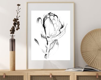 Minimalistische Protea Wand Kunst Aquarell Malerei, Floral schwarz weiße Blume, botanische Illustration, Wohnzimmer Home Decor Minimalist