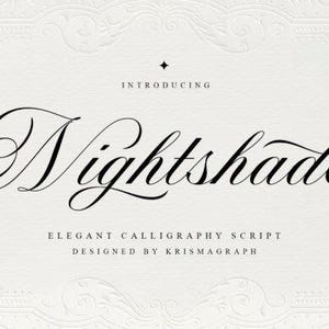 May include: A light-colored background with the word "Nightshade" in elegant black script. The text "Introducing" is above, and "Elegant Calligraphy Script" and "Designed by Krismagraph" are below. The background has a subtle embossed pattern.