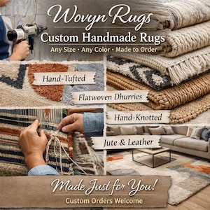 May include: An advertisement for custom handmade rugs. The image displays different rug styles, such as hand-tufted, flatwoven dhurries, hand-knotted, and jute & leather. The text reads "Wovyn Rugs" and "Made Just for You!" with custom orders welcome.