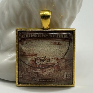 Vintage Africa Train Stamp Square Pendant Necklace Afrika African