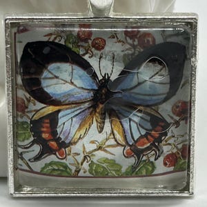 Vintage Butterfly Train Stamp Square Pendant Necklace *Defective