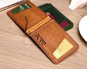 Personalized Leather Money Clip Wallet with Front Pockets, Custom Engraved Card Case