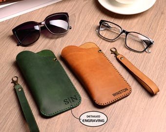 Personalized Leather Glasses Case with Wrist Strap, Custom Engraving Eyewear Pouch, Sunglass Sleeve