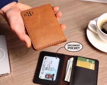 Personalized Leather ID Card Holder, Compact Window Wallet with Monogram, Handmade