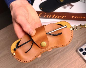 Personalized Leather Glasses Case with Wrist Strap, Handmade Travel Sunglass Pouch