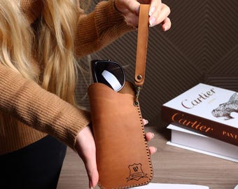 Personalized Leather Glasses Case with Strap, Handmade Eyeglass Sleeve, Custom Engraving Pouch