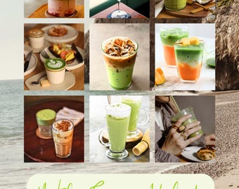 Könnte beinhalten: Eine Collage von neun Bildern, die verschiedene Matcha-Getränke zeigen, darunter geschichtete Getränke, Eiskaffee und Matcha mit Schlagsahne. Der Text "Matcha Genuss Kalender 2026" ist in hellgrüner Schrift dargestellt.