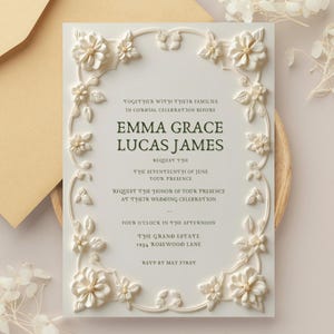 Elegant Floral Embossed Wedding Invitation with Vintage Frame