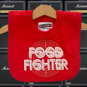 Foo Fighters pun baby red bib - Food Fighter! Cool newborn baby gift for Dave Grohl fans. Alternative baby shower gift for new parents