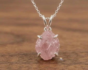 Raw Rose Quartz Necklace, Sterling Silver Pendant, Handmade Crystal Jewelry For Birthstone Gift