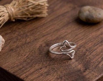 Open Heart Sterling Silver Midi Ring, Adjustable Double Heart Band