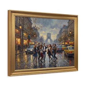 May include: A framed painting depicts a lively scene of people dancing in a Parisian street. The artwork features a golden frame, cobblestone streets, yellow taxis, and a prominent arch in the background. The color palette includes muted tones with highlights from streetlights.