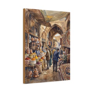May include: Watercolor painting of a bustling marketplace with vendors and customers. The scene features arched doorways, colorful spices, and hanging textiles. The artwork is framed on a canvas.