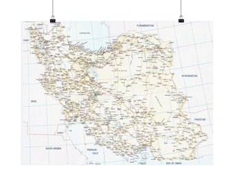 Szczegółowa mapa Iranu, matowy plakat poziomy | Mapa ścienna „Miasta i granice”