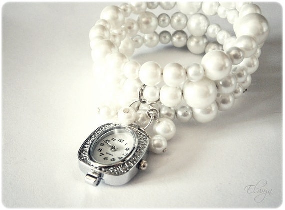 Items similar to SALE Pearl Watch Bracelet, Memory Wire Bracelet, Coil ...