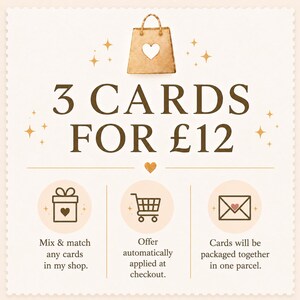 May include: A square graphic with a scalloped edge featuring a brown shopping bag icon with a heart cutout. The text reads 3 CARDS FOR &pound;12. Below are three circular icons representing a gift box, a shopping cart, and an envelope with hearts.