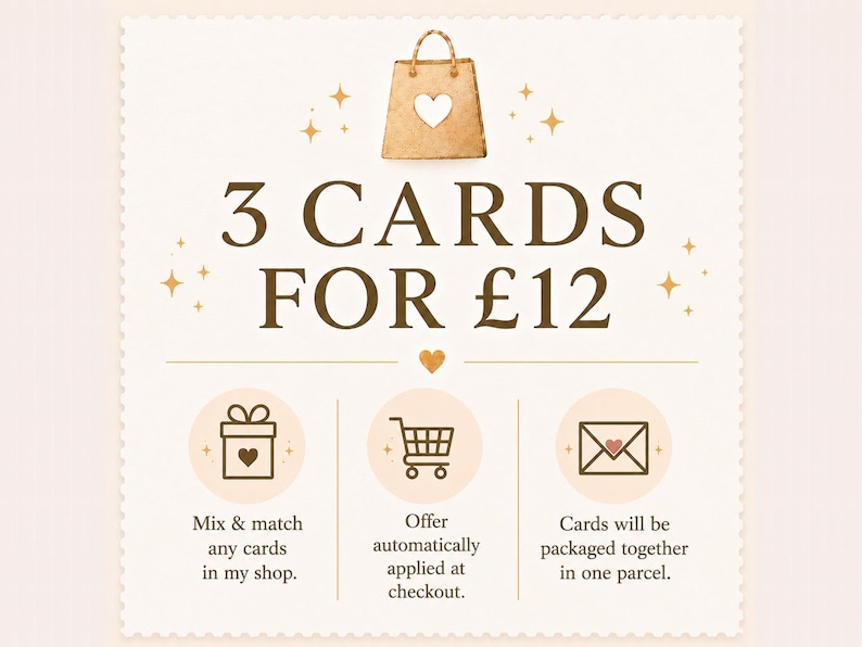 May include: A square graphic with a scalloped edge featuring a brown shopping bag icon with a heart cutout. The text reads 3 CARDS FOR &pound;12. Below are three circular icons representing a gift box, a shopping cart, and an envelope with hearts.
