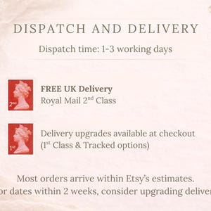 May include: A light pink informational graphic with the text DISPATCH AND DELIVERY, Dispatch time: 1-3 working days, FREE UK Delivery Royal Mail 2nd Class, Delivery upgrades available at checkout, and text regarding order arrival estimates.