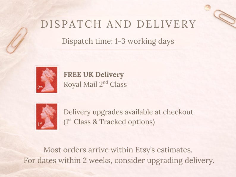 May include: A light pink informational graphic with the text DISPATCH AND DELIVERY, Dispatch time: 1-3 working days, FREE UK Delivery Royal Mail 2nd Class, Delivery upgrades available at checkout, and text regarding order arrival estimates.