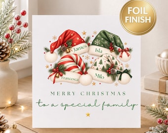 May include: A square white Christmas greeting card featuring four illustrated Santa hats in red, green, and striped patterns, each personalized with the names James, Isla, Francesca, and Milo. The text reads Merry Christmas to a special family.
