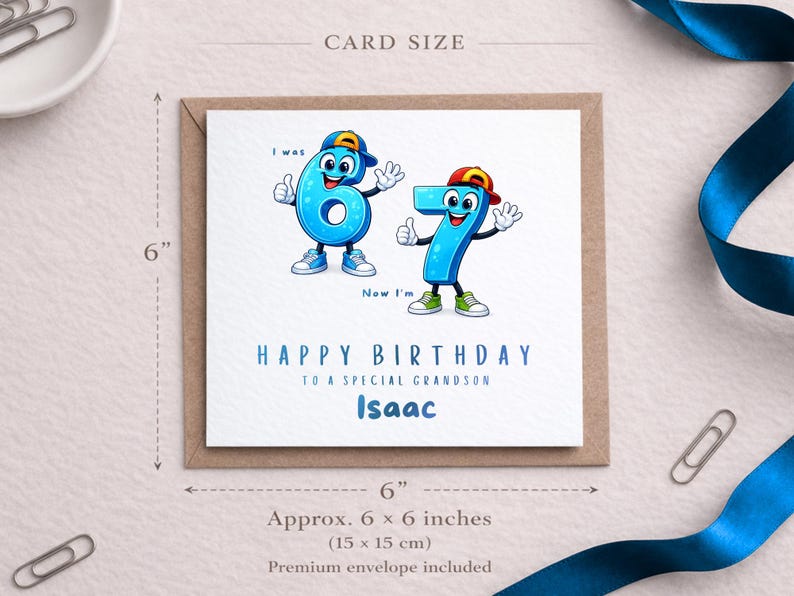 May include: A square birthday greeting card measuring 6 by 6 inches. The card features two blue cartoon number characters, a 6 and a 7, wearing baseball caps and sneakers. Text reads: I was 6, Now I'm 7, HAPPY BIRTHDAY TO A SPECIAL GRANDSON, Isaac.