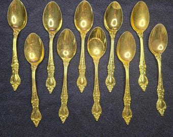 Vintage Set of 10 Royal Sealy RLF1 Gold-Plated Stainless Steel Teaspoons