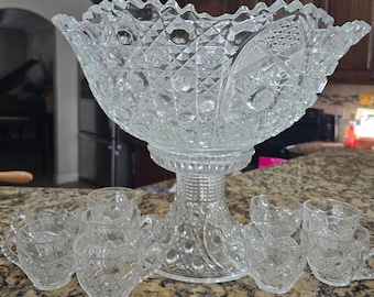 1894 EAPG Mckee Cut Glass Punch Bowl With Base & 9 Cups