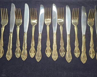 Set of 14 CHOICE Oneida Golden Brahms Gold Plated Electroplate Forks & Knives