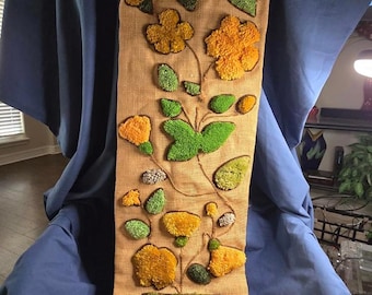 Vintage Mid-Century Latch Hook Yarn/Burlap Wall Hanging Mod Flower Pot - 48"
