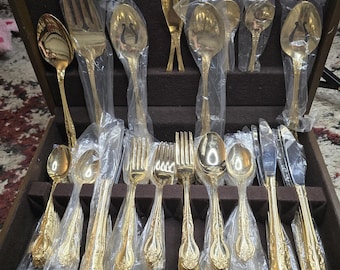 Vintage 100 Piece Box Set Sarah Ann 24k Gold Plated Stainless Steel Flatware