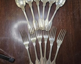 Late 19th Century Christofle Set of 6 Each “Chinon” Silverplate Forks and Spoons