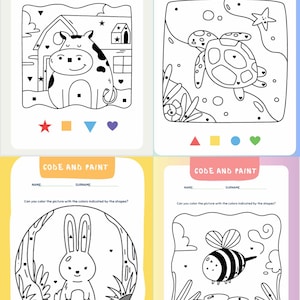 Può includere: Quattro pagine da colorare con la scritta "CODE AND PAINT" in alto. Ogni pagina presenta un animale diverso: una mucca, una tartaruga, un coniglio e un'ape. Ogni pagina ha forme per indicare i colori.