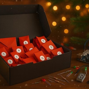 Könnte beinhalten: Eine schwarze Box mit roten Umschlägen mit den Nummern 1-14, wahrscheinlich ein Adventskalender. Elektronische Bauteile und eine Platine sind um die Box herum angeordnet. Eine brennende Kerze und ein Weihnachtsbaum befinden sich im Hintergrund.