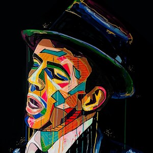 May include: Colorful pop art portrait of a man in a black suit and hat. The artwork features a vibrant palette of colors, including yellow, orange, blue, and red, with a black background. The style is reminiscent of cubism.