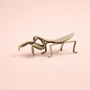 Mini Brass Praying Mantis – Insect Sculpture for Desk, Zen Shelf or Curio Display