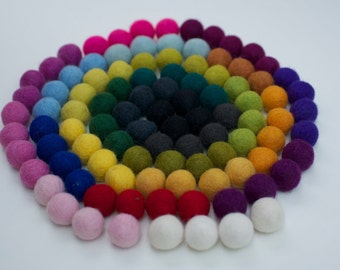 100% Wool Felt Balls, red multi color shades, 100 pcs, 1 inch (25mm), pure wool, Mix Rainbow