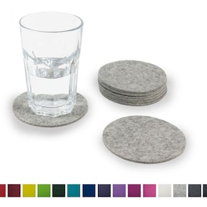 Può includere: Un set di sottobicchieri in feltro grigio con un bicchiere d'acqua su uno dei sottobicchieri. I sottobicchieri sono rotondi e hanno una texture morbida e pelosa.