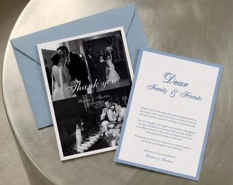 Tarjeta de agradecimiento de boda azul empolvado con foto, notas de agradecimiento personalizadas, juego de papelería para invitados, tarjeta fotográfica Old Money / Beatrice