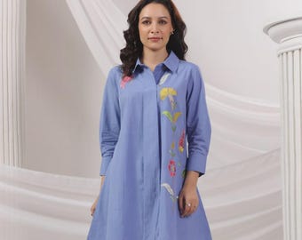 Sky Blue Embroidered Co-Ord Set | Cotton A-Line Kurta with Palazzo Pants | Handmade Floral Work | Daily Wear|Office Wear|Navjyoti Embroidery